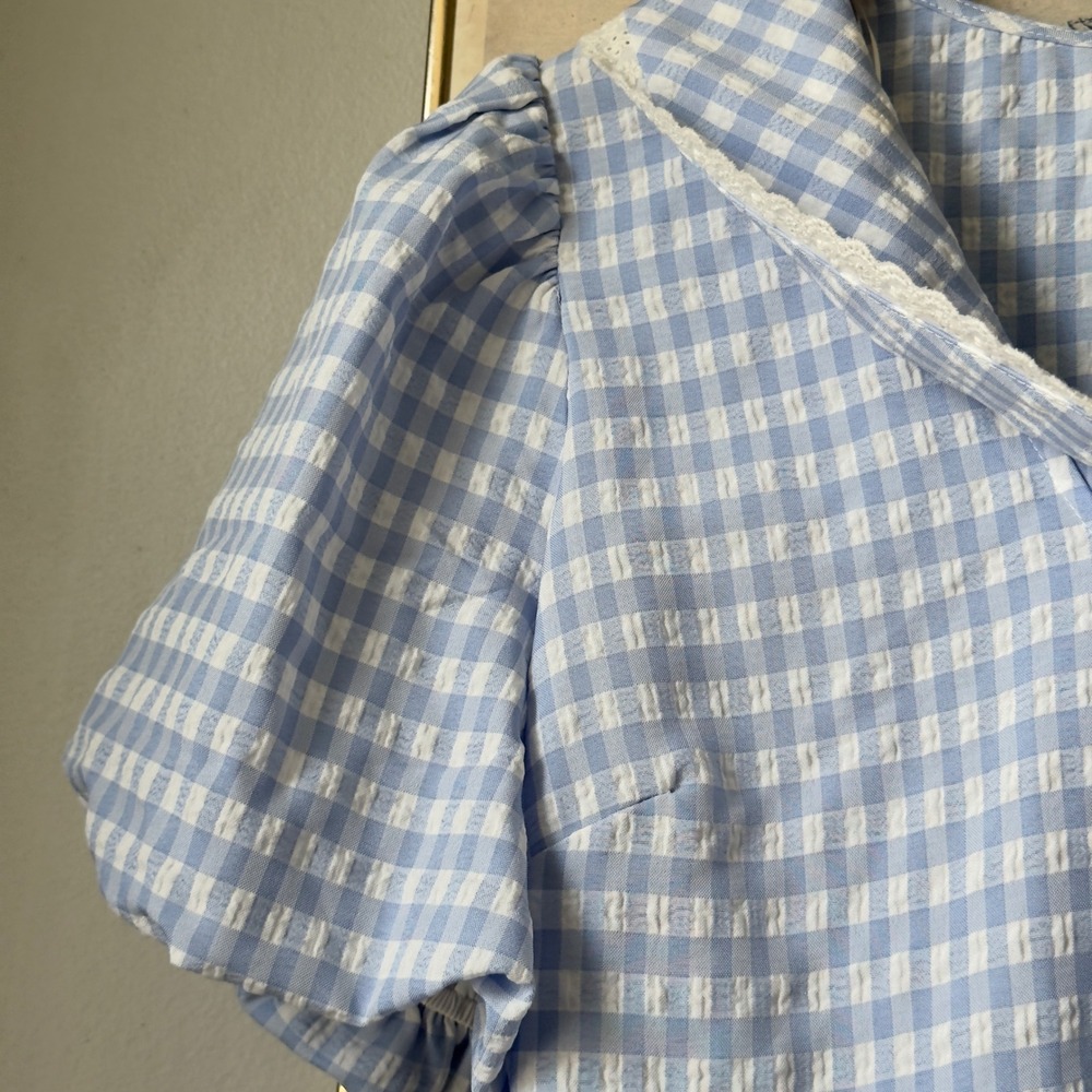 Coquette Blue White Gingham Peter Pan Collar Peplum Puff Sleeve Blouse Large - Picture 10 of 12